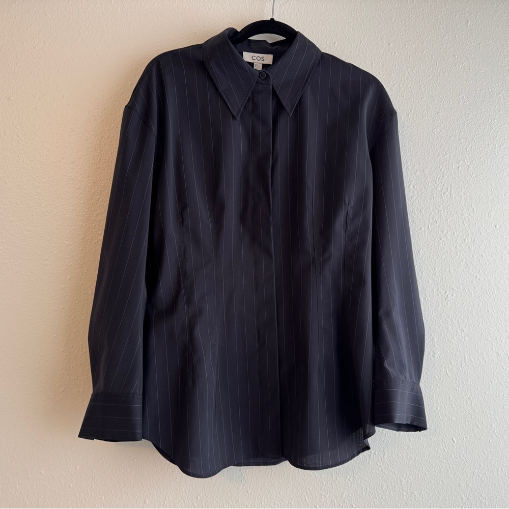 COS Waisted Pinstripe Wool Button Down Shirt - Picture 4 of 10